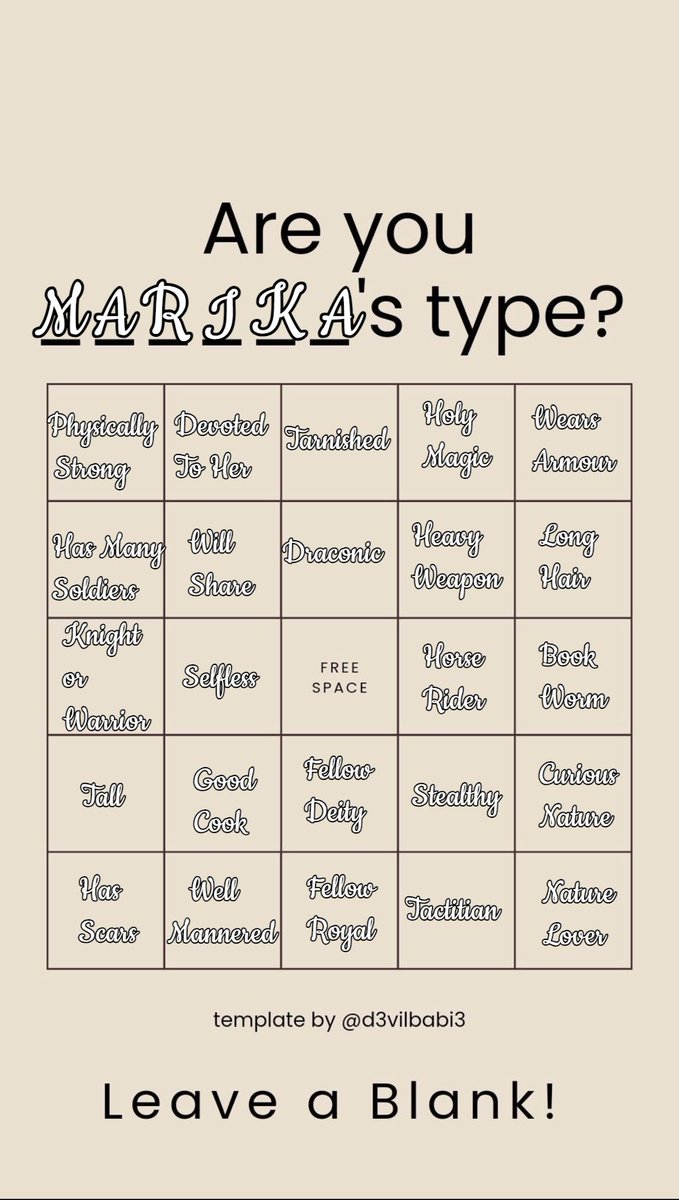 Andrea.⠀

Reply with the results of your muse's bingo, in according to Marika's type!
Those who form a Bingo may get a reward from her.
<3

No need to like or RT, unless you wish to spread awareness.