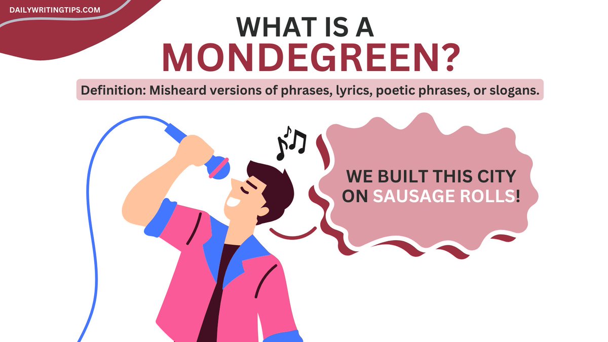 writing_tips's tweet image. Ever misheard a song lyric or phrase? 🎶 

You experienced a &apos;mondegreen&apos;—a misinterpretation of a phrase due to near-homophony. 

What&apos;s the funniest mondegreen you&apos;ve ever heard? Share them below!😂

#LinguisticsFun #Mondegreen