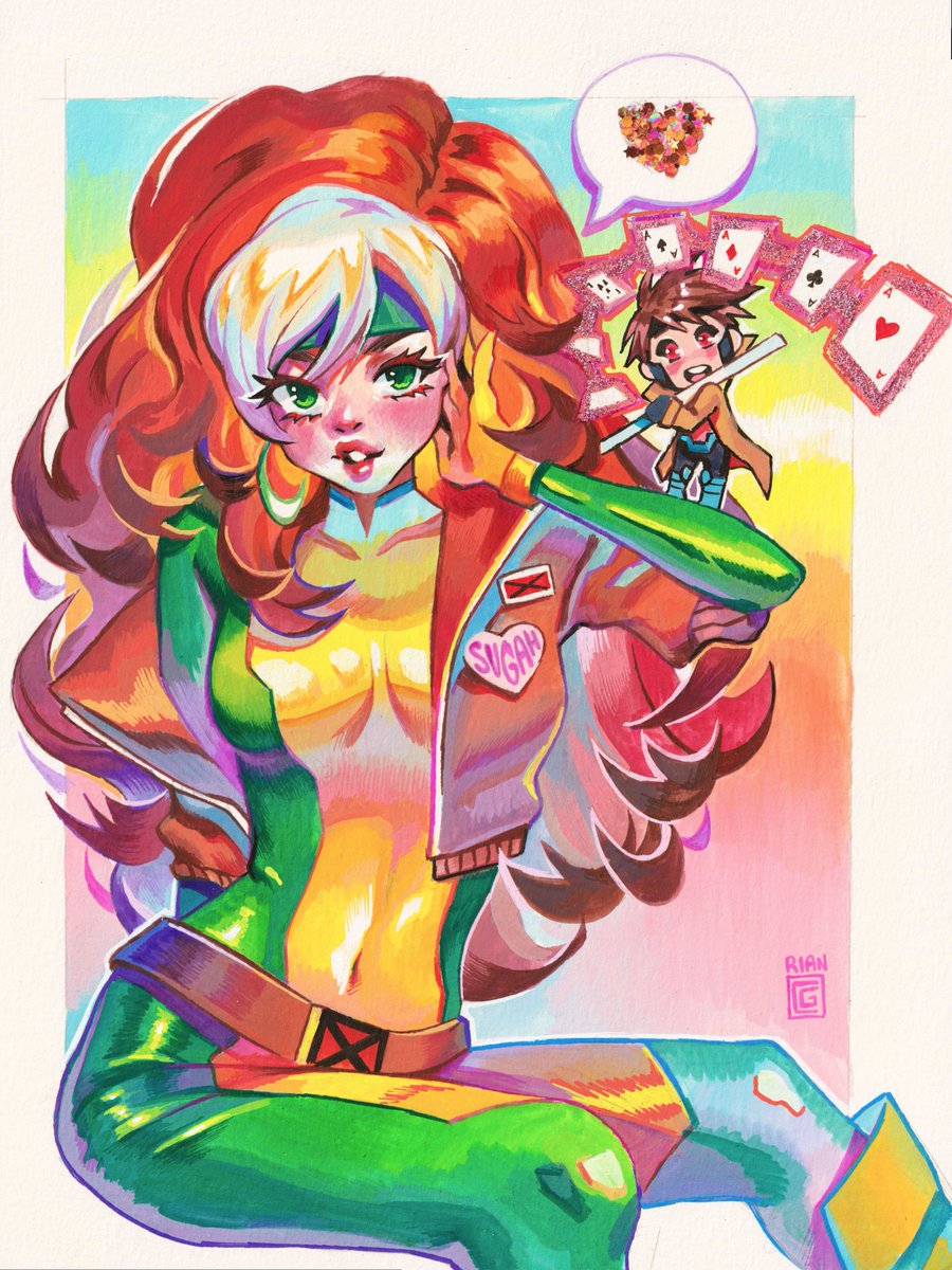 Rogue (Rian's Version) I drew for my p*trons! 🥰💖 i drew this just for pure fun 😄💖 Hope you guys like it! 💖 More coming soon! 💖 9' x 12' inches gouache and watercolors bio glitters