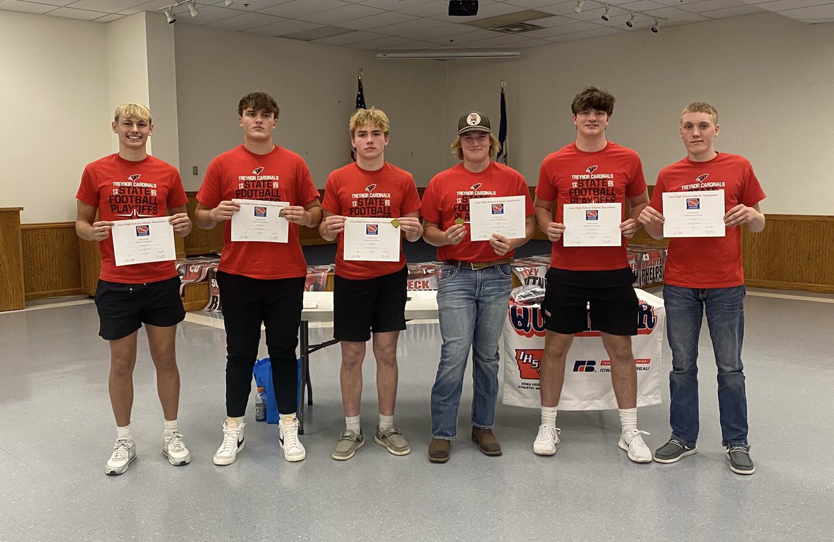 Congratulations to our 2023 1st Team All District players! 🥇🏈
WR - Karson Elwood <a href="/KarsonElwood/">Karson Elwood</a> 
OL - Jared Schwarte <a href="/jared_schwarte/">JaredSchwarte</a> 
DL - Zack Robbins
DL - Joey Bittner <a href="/JosephBittner19/">Joe Bittner</a> 
LB - Caleb Cooper <a href="/CalebCooper06/">Caleb Cooper</a> 
P - Aaron Ehmke
<a href="/TreynorNation/">Treynor Nation</a>