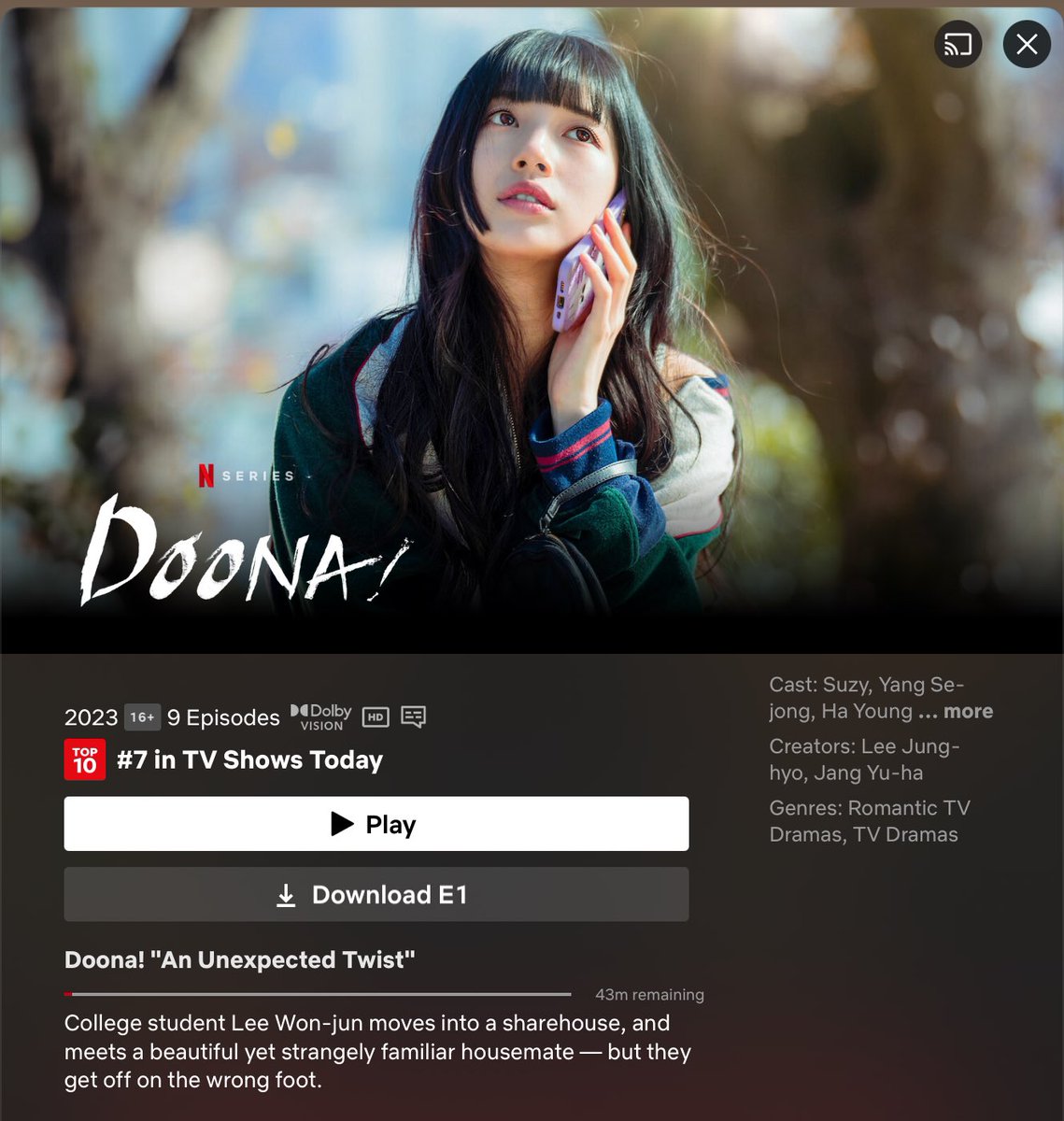 Doona! เรื่องนี้ซูจีใช้คำว่าสวยเปลืองมาก สวยเกินไป สวยใจสั่น สวยกินคน ชอบมู้ดซีรี่ส์มาก อบอุ่นหัวใจดี ทั้งภาพและเสียง เนื้อเรื่องไม่ถึงกับดาร์ก แล้วก็ไม่ได้หวานไปเลย แอบเศร้าอยู่ แต่พระนางคือเคมีเข้ากันมาก เซจงอปป้าน่ารักมาก ซารังเฮ 🥹🫶🏻❣️ 

#รีวิวNetflixTH #Doona