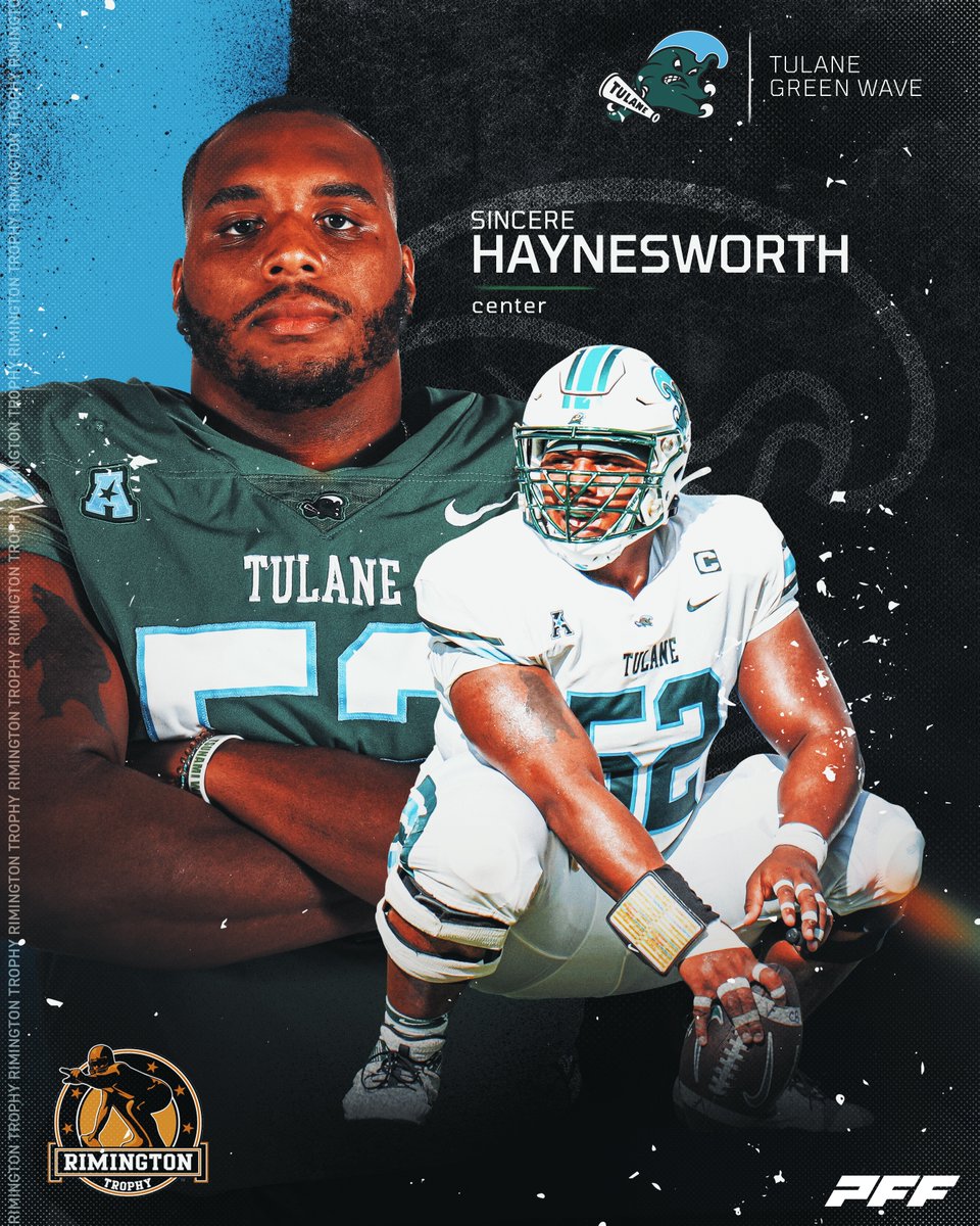 With only 3 sacks allowed across 320 pass blocking snaps  in 2023, @greenwavefb center Sincere Haynesworth has the highest run blocking grade (80.1) and 4th highest offensive grade (79.7) among all FBS centers according to @pffcollege. #rimingtonwatchlist