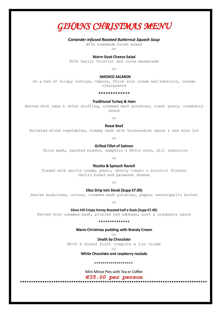 🥳🎄Christmas at Gihans - Enjoy a delicious four-course meal with colleagues, family &amp; friends this festive season. A complimentary bottle of red &amp; white wine is included for groups of over 10.
For more information contact the restaurant on 065-6824074 📷