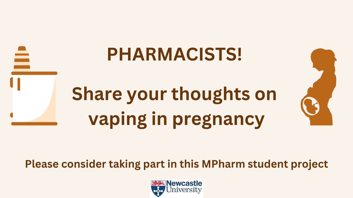 Pharmacists, please consider sharing your views and experiences on vaping in pregnancy, as part of a student project. 
Please use the link to get involved! 
newcastle.onlinesurveys.ac.uk/eligibility-qu…

#pharmacy #pregnancy #smokingcessation
<a href="/NES_Pharmacy/">NES Pharmacy</a> <a href="/UKCPA/">UKCPA</a> <a href="/ComPharmEngland/">Community Pharmacy England</a>