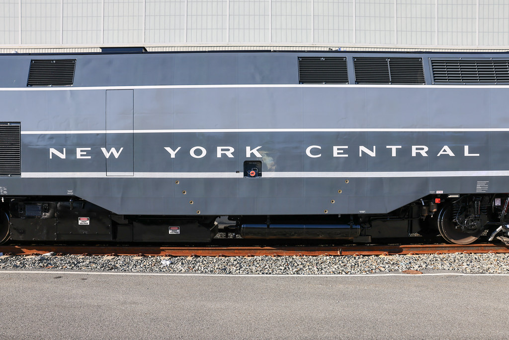 A zoomed in side view  of the New York Central locomotive at Croton-Harmon Yard. 