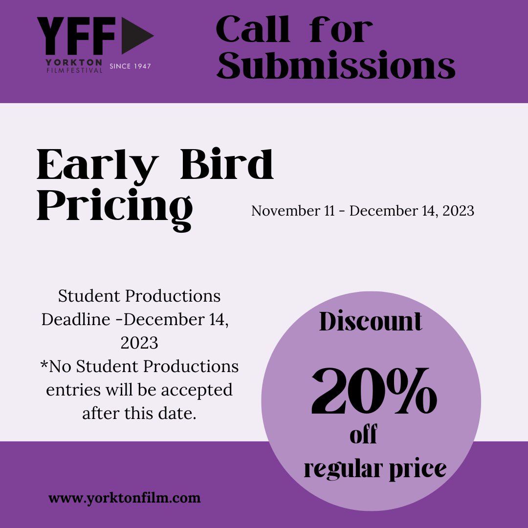 yorktonfilm's tweet photo. #YFF24 Super Early Bird pricing has ended. However, from now until Dec 14, enjoy our Early Bird pricing which offers a discount of 20 percent. No student productions entries will be accepted after Dec 14, 2023. https://t.co/yfktWgQ1Q7
#callforsubmissions,#earlybird,#submitandsave https://t.co/wX5ivDltCd