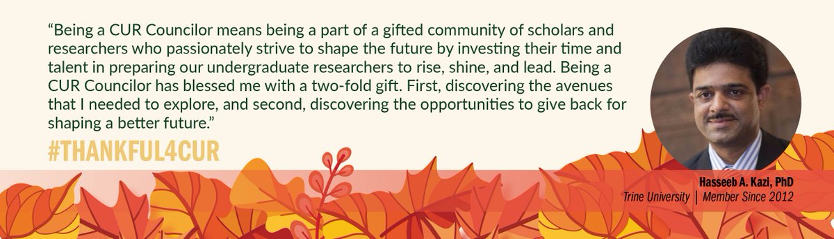 CUR (@curinaction) on Twitter photo November is National #Gratitude Month.
We are #Thankful4CUR’s volunteers and elected leaders. Get inspired by what <a href="/TrineUniversity/">Trine University</a>’s Hasseeb Kazi has to say about his time as a CUR Councilor for #MCSDivision.
Explore other volunteer opportunities cur.org/membership-com… November is National #Gratitude Month.
We are #Thankful4CUR’s volunteers and elected leaders. Get inspired by what <a href="/TrineUniversity/">Trine University</a>’s Hasseeb Kazi has to say about his time as a CUR Councilor for #MCSDivision.
Explore other volunteer opportunities cur.org/membership-com…
