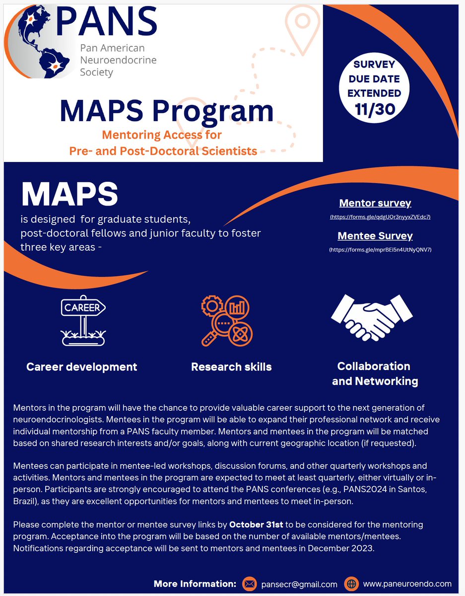 Our mentor-mentee program sign up period is extended until November 30th! Remember to sign up by completing the surveys below. This is a great opportunity for ECRs to gain valuable mentorship from senior neuroendocrinologists within the Americas.