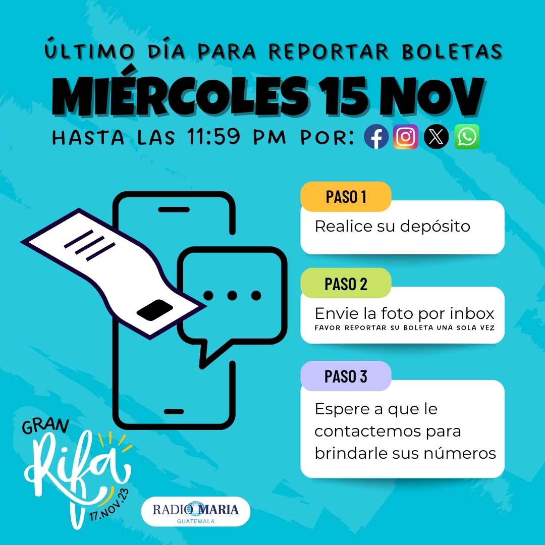 ¡Reporte por acá sus boletas!

Les recordamos que si usted ya envió la foto de su boleta o transferencia no es necesario enviarla de nuevo.