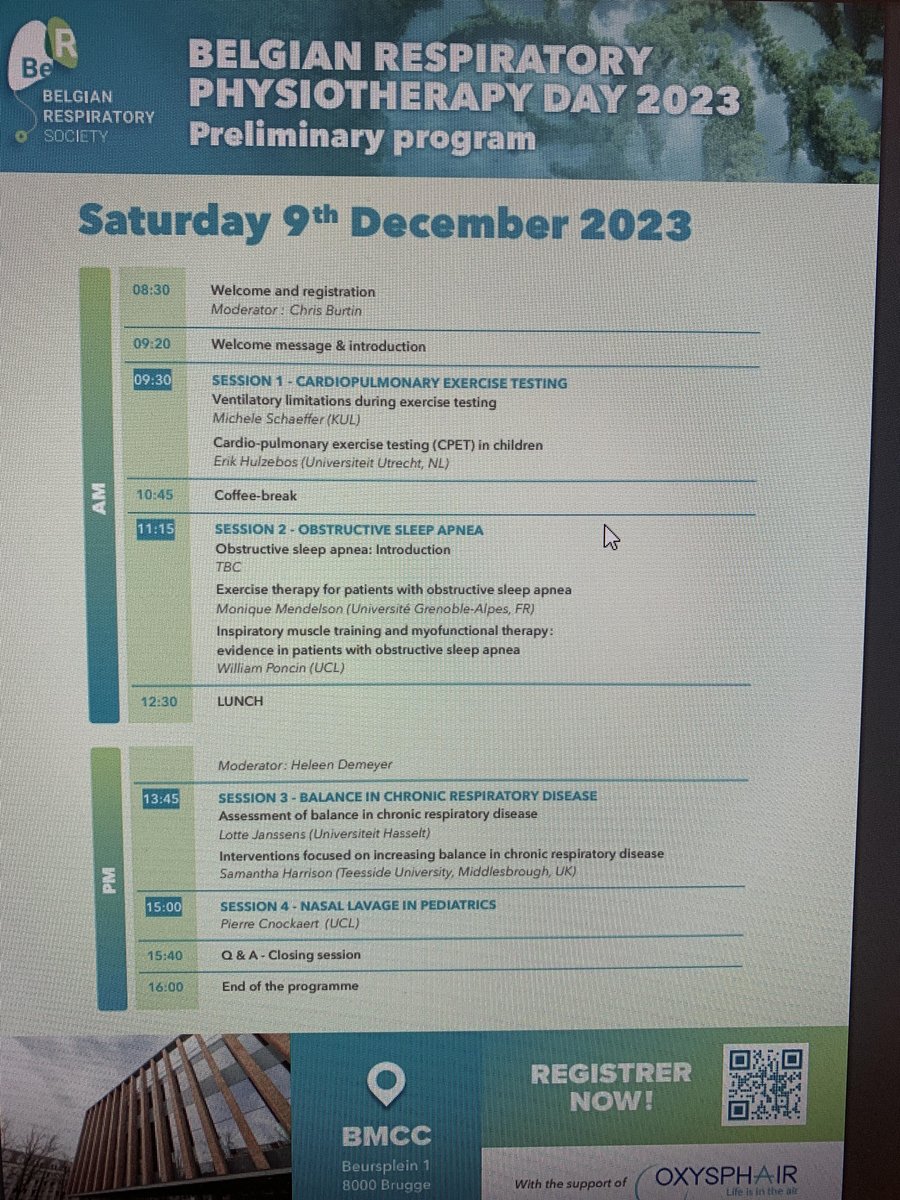Don't forget to register for our yearly Belgian Respiratory Physiotherapy Day on 9th of December 2023. A day filled with expert talks and networking opportunities in the beautiful Bruges. Fees are very attractive. PRO-Q Kine accredited. See you all there! 💪