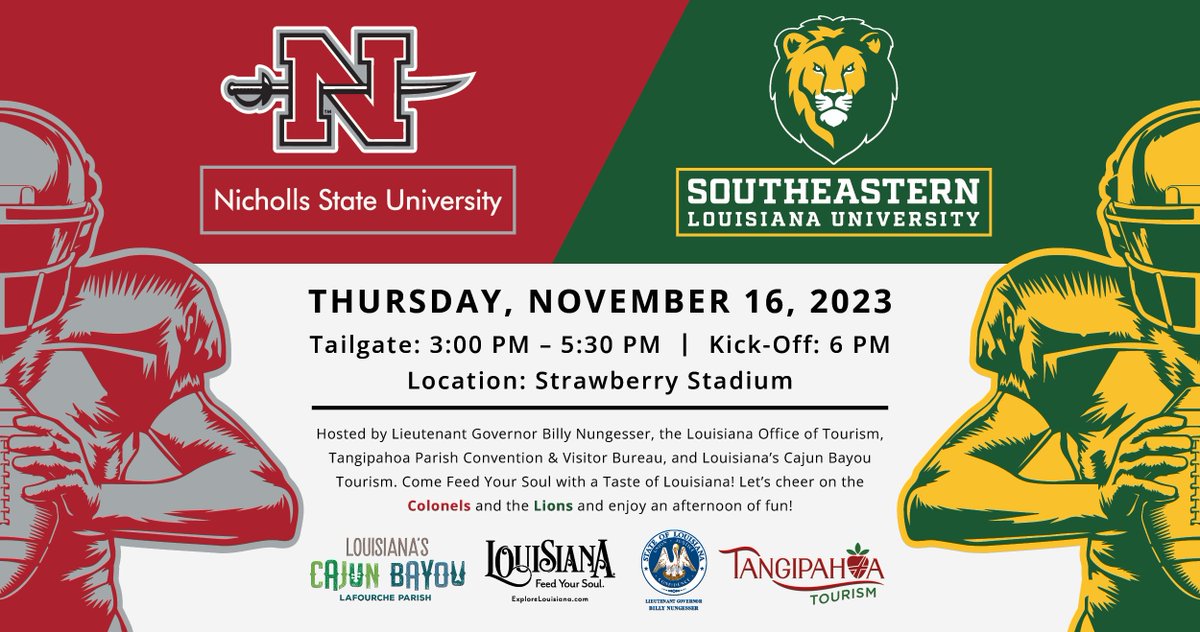 Tangi Tourism (@tangitourism) on Twitter photo Tailgating TIme! Join us and <a href="/LouisianaTravel/">Explore Louisiana</a>
this Thursday for an epic showdown between SLU and Nicholls State in the River Bell Classic! #FeedYourSoul #OnlyLouisiana #LionUp Tailgating TIme! Join us and <a href="/LouisianaTravel/">Explore Louisiana</a>
this Thursday for an epic showdown between SLU and Nicholls State in the River Bell Classic! #FeedYourSoul #OnlyLouisiana #LionUp