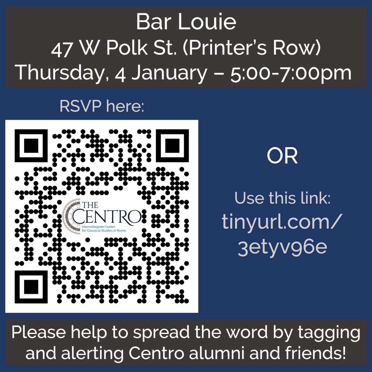 Calling all Chicago-area friends, – we’re having a meet-up and hope you can join us! Make your way to Printer’s Row for an evening of drinks and memories of Rome. An event fit for Trimalchio…and all on the Centro’s denarius! RSVP: tinyurl.com/3etyv96e 

#Chicago #studyabroad