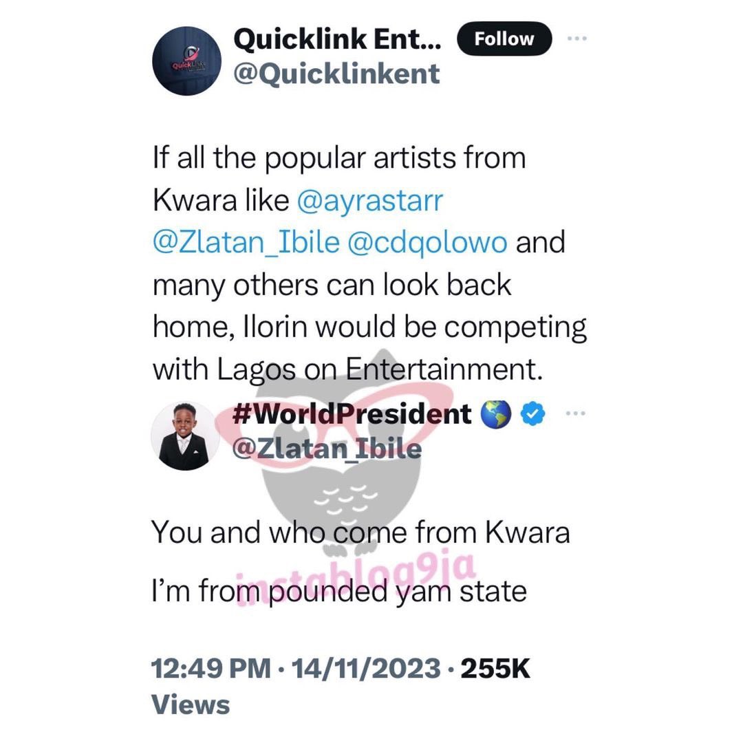 Ekiti State-born Singer, Zlatan Ibile, replies fan who wants him to ‘look back home’ and develop Kwara State