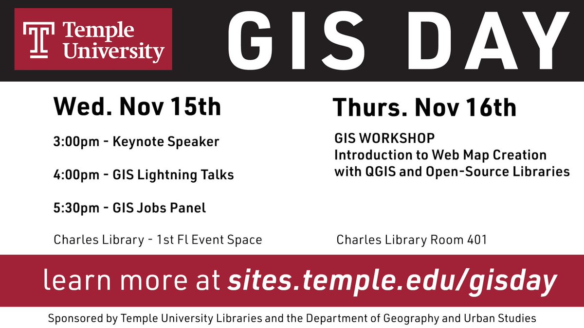 TempleGUS's tweet photo. Join us tomorrow 11/15 for GIS Day with @TempleLibraries! Registration and more info at https://t.co/CmsnQdXLaV https://t.co/Df7yOkqkjY
