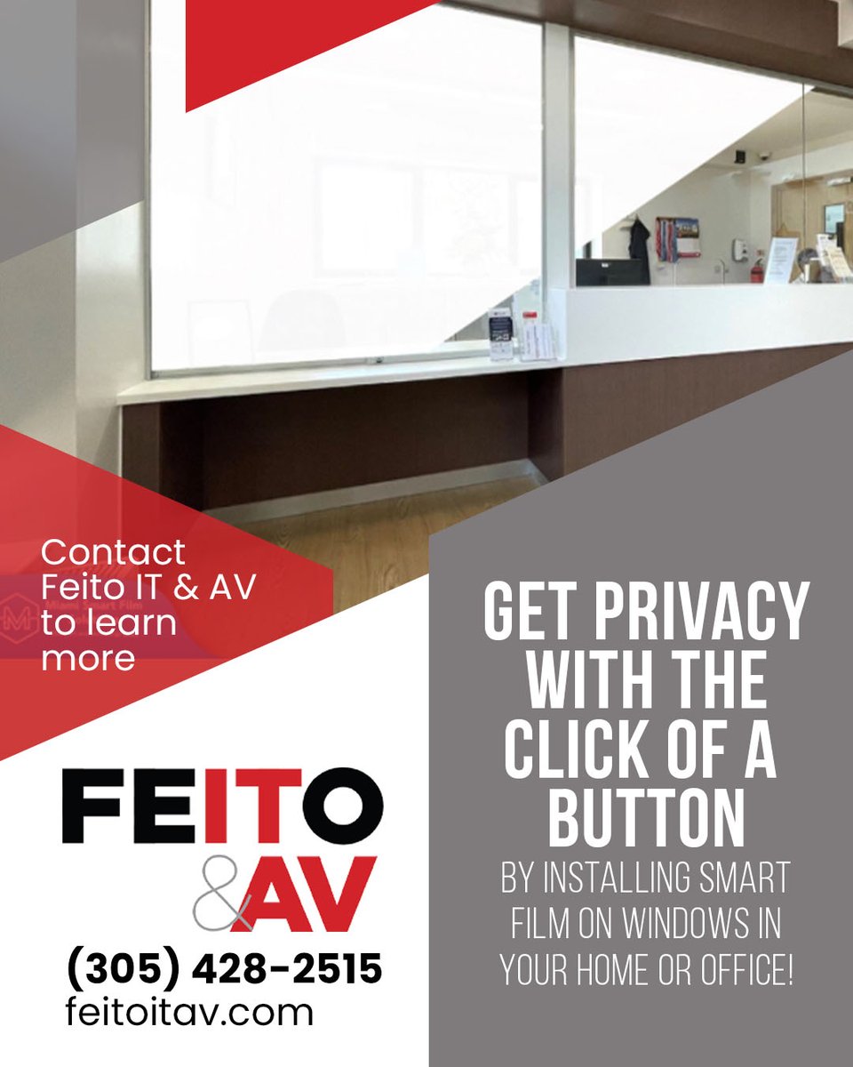 This innovative technology allows you to instantly transform your home or office windows from transparent to opaque, giving you complete control over who sees inside.  

Call Feito IT & AV today for a consultation!

#SmartFilm #PrivacySolutions #FeitoIT&AV #SouthFlorida
