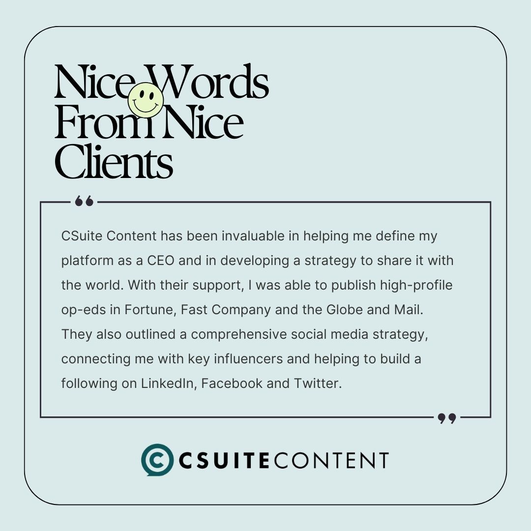 CSuiteContent's tweet image. We loved sipping the best tea in Canada with this exec and building his brand together.😉

With our strategic planning services, we help business leaders raise their profile and drive their mission forward.

Words like this from clients make all the hours worthwhile! #clientlove