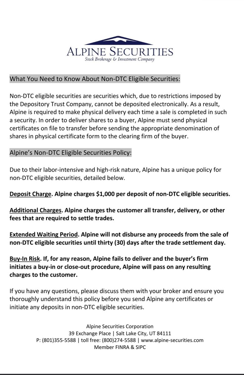 Ova_Wit_lol's tweet photo. @HAMShortkiller @BasileEsq @ace_indy_biz @WilliamPFarran1 @rrr1sr
@TradeStation @0ptiondude $GTII
Straight from #AlpineSecurties of what "non dtc eligible" means.
"Non-DTC eligible securities are securities which, due to restrictions imposed by
the Depository Trust Company, cannot be deposited electronically. As a result,
Alpine is required to make physical delivery each time a sale is completed in such
a security. In order to deliver shares to a buyer, Alpine must send physical
certificates on file to transfer before sending the appropriate denomination of
shares in physical certificate form to the clearing firm of the buyer."
https://t.co/YdQinWUqlA