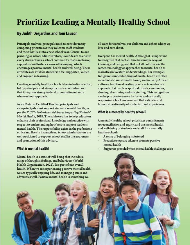 "Students can flourish when schools prioritize school mental health that sets the stage for wellness promotion, student engagement &amp; identity-affirming environments" Judith Desjardins &amp; Toni Lauzon featured in the latest <a href="/CPCOofficial/">CPCO</a>  publication