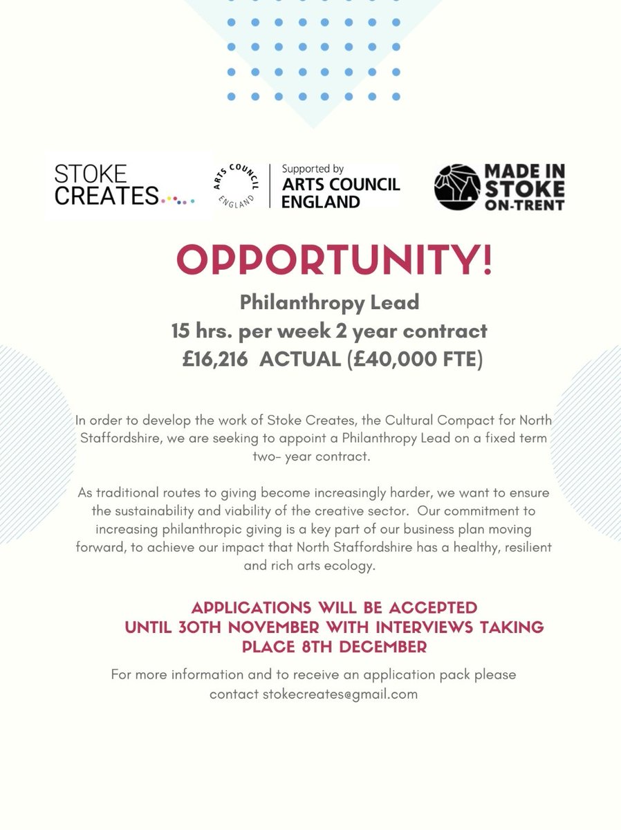 We are recruiting ⬇️⬇️⬇️

Stoke Creates is seeking to recruit a philanthropy lead to join the team and help to contribute to our vibrant creative sector. 

Please contact stokecreates@gmail.com for more information 🙂

<a href="/MadeinStokeonT/">MadeinStokeonTrent</a> <a href="/BeaconCollab/">Beacon Collaborative</a> @NPAC_UK <a href="/ace_national/">Arts Council England</a>
