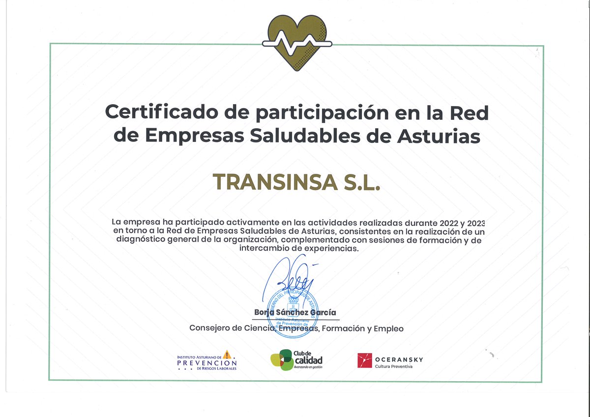 Entrega del Diploma que acredita la integración en 2023 en la Red de Empresas Saludables de Asturias.