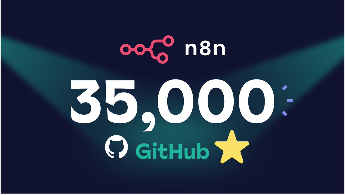 🚀 35K Stars on GitHub! 🌟 5K added in just 6 months!

#n8n is soaring high with its latest milestone. 🎉 Find out what makes our open-source automation &amp; integration platform a community favorite.
github.com/n8n-io/n8n

Join us and be a part of the innovation! #OpenSource