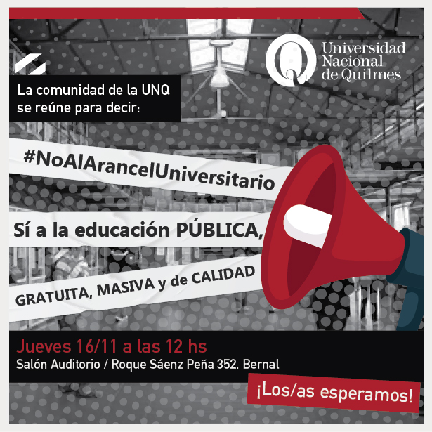 👉 La comunidad de la UNQ se reúne para decir #NoAlArancelUniversitario

Sí a la educación PÚBLICA, GRATUITA, MASIVA y de CALIDAD  🇦🇷 💪🏻

📍Jueves 16/11 - Salón Auditorio Roque Saenz Peña 352, Bernal

¡Los/as esperamos! 🤩