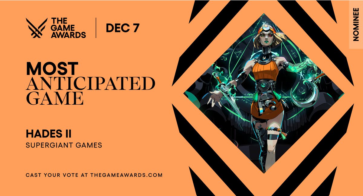 We are honored to see Hades II in consideration for Most Anticipated Game at #TheGameAwards, alongside some real titans of gaming! To everyone voting for our game, thank you for all your support and enthusiasm as we get closer to our Early Access launch in Q2 this coming year!