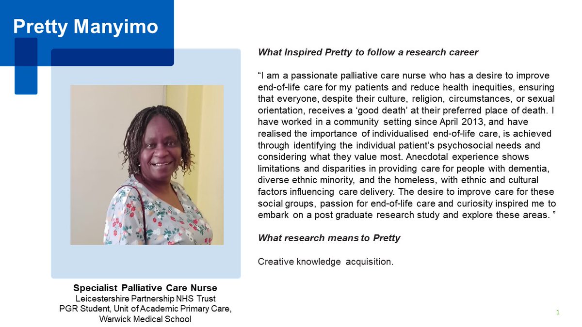 Specialist Palliative Care Nurse <a href="/Nyimoss/">Pretty Manyimo RGN</a> is conducting vital research to ensure everyone, regardless of their background "receives a 'good death'". She is one of this week's inspirational nurse researchers that we celebrate as a #SPDMC (Research council)<a href="/teamCNO_/">teamCNO 💙</a>