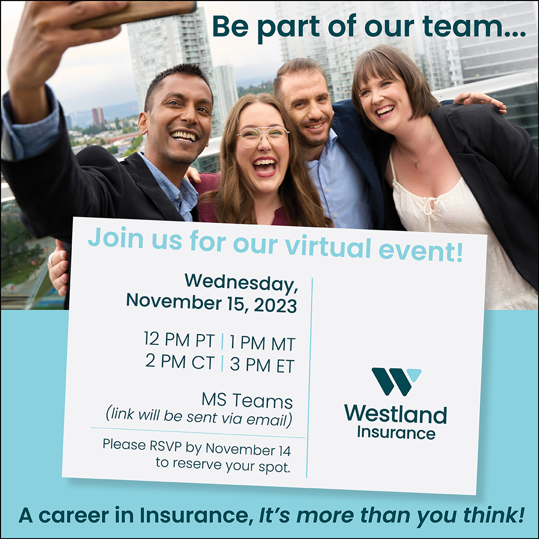 You’re invited to “A Career in Insurance,” our virtual information session on November 15.  

Seats are limited, so register today to save your spot!   
ow.ly/EiJB50Q38yc

#GrowWithWestland #ChoosePossibility #BelongHere #WestlandInsurance #Insurance