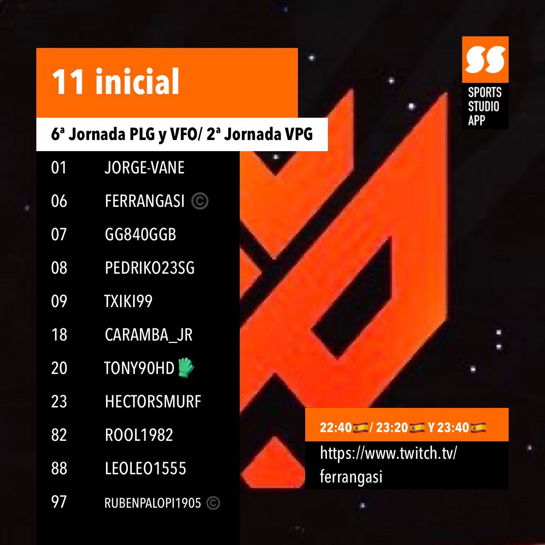 🟠 HOY JUGAMOS 

🎙️ Está noche tocan partidos claves. 

🏆 @PLGeFootBall J-6 
🆚 #Leyendasesportclub 

🏆 <a href="/VFOspain/">VFO España</a> J-6 
🆚 <a href="/IKITeam/">IKI Team</a> #PartidazoVFO

🏆 <a href="/VPG_Spain/">Virtual Pro Gaming España</a> J-2 
🆚 <a href="/eAtleticLleida/">Atlètic Lleida eSports</a> 

🤝 Suerte a los rivales.

#VamosLyokFox