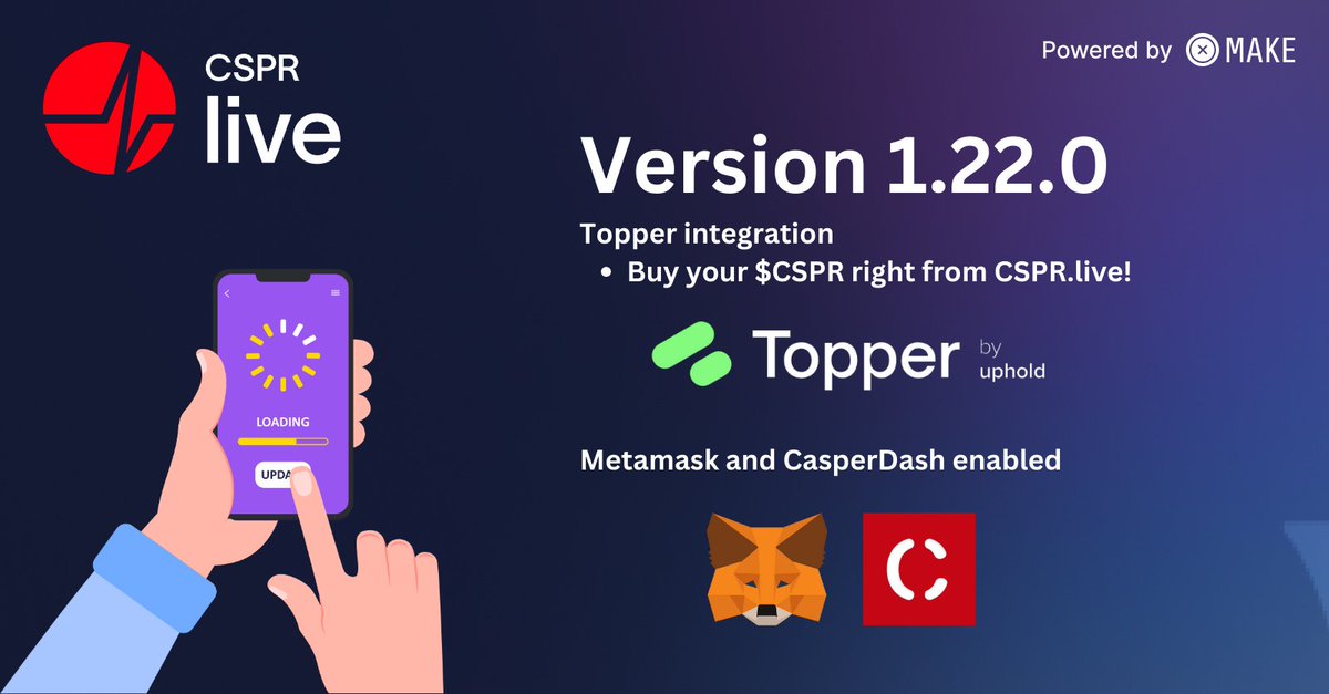 csprlive's tweet image. CSPR Live 1.22.0 is here! 🚀

🔹 Integration with Topper: Buy $CSPR using a credit card easily! Find the 'Buy CSPR' option in the Account dropdown menu

🔹 Seamless connection with Metamask and CasperDash

🔹 and several improvements and bug fixes!

➡️ cspr.live/changelog