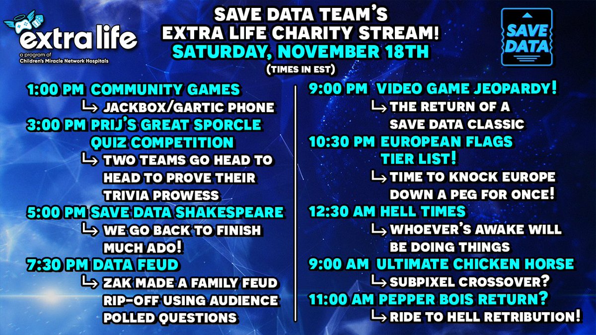 Hey! Did you know we're gonna be streaming for 24 hours straight this weekend to raise money for <a href="/ExtraLife4Kids/">Extra Life</a>? Now you do! Come hang out with us, have fun, and raise money for a good cause! 😁