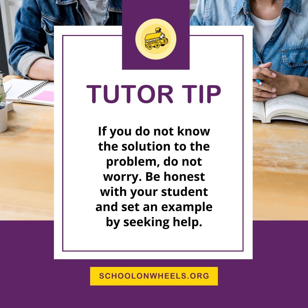 SchoolonWheels's tweet image. Tuesday Tutor Tip - This is a great way to bridge trust and demonstrate that we might not always have the answer but can seek it out together. 
#tutortip #alwayslearning #trust #volunteer