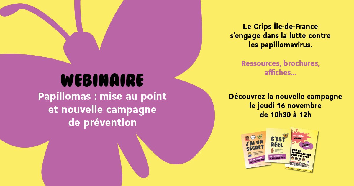 iledefrance's tweet photo. #Papillomavirus 🦋 Pour accompagner la campagne nationale de #vaccination des élèves de 5e, le @crips_idf, soutenu par la #RégionIDF, présente ses nouvelles ressources de #prévention lors d'un webinaire.

📅 Jeudi 16/11, de 10h30 à 12h

Inscrivez-vous ⬇️ 
https://t.co/Nf7PXCQPw8 https://t.co/cvap1i3uM3