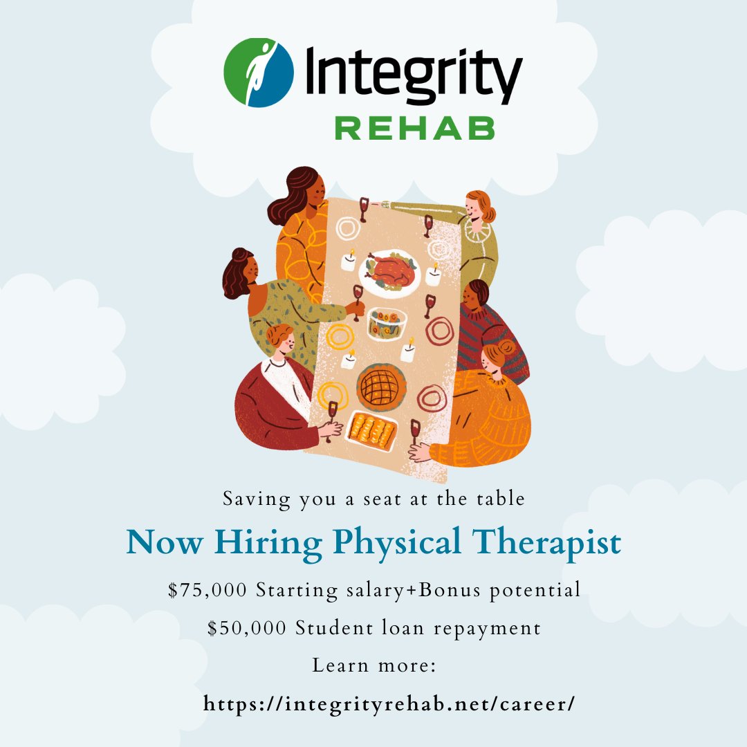 Your clinical partners here at Integrity Rehab have seats open at the table. We seek to fill multiple outpatient Physical Therapist roles in Central Texas! Wishing you a holiday season of gratitude, full hearts, and full tables. We hope you'll join us.  integrityrehab.net/career/