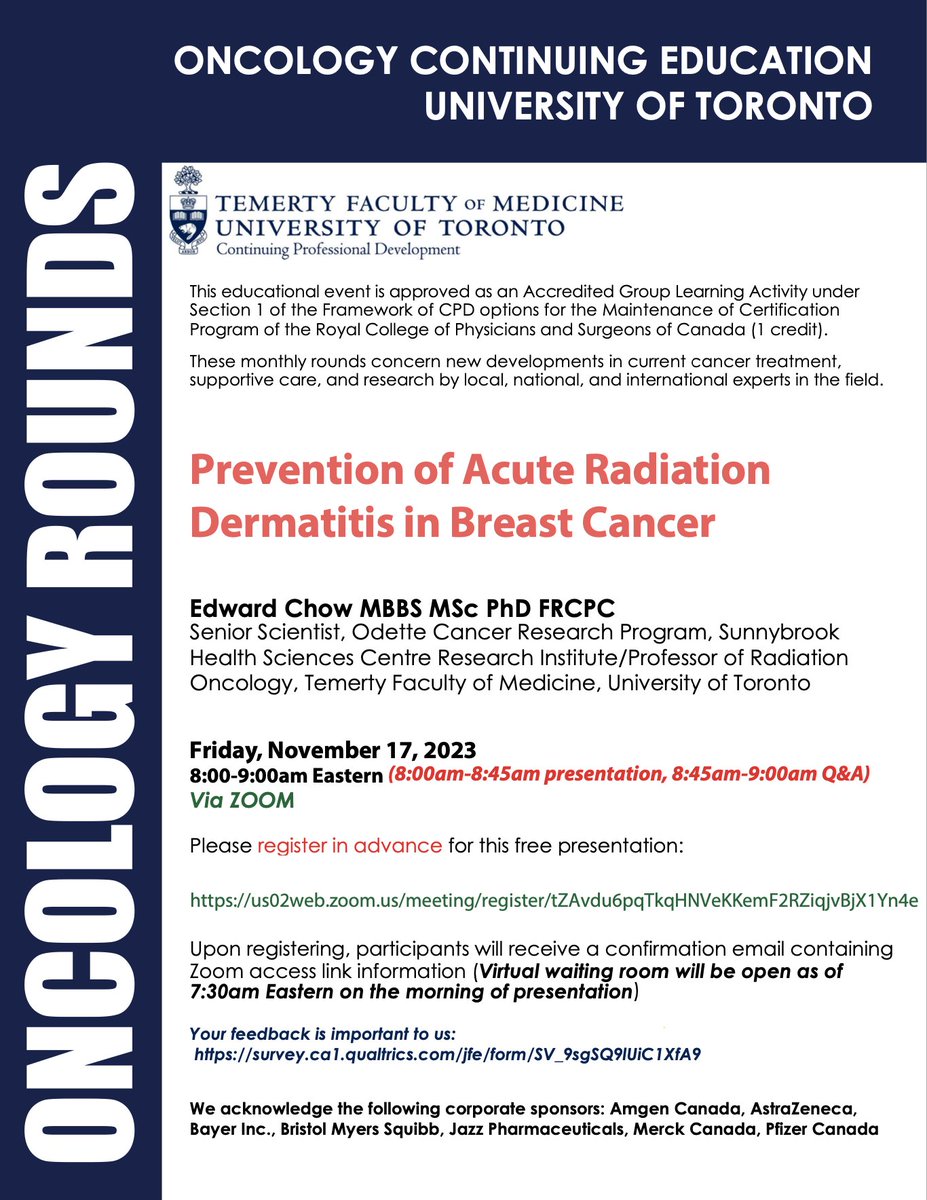 We welcome Dr. Edward Chow from @Sunnybrook to present at this month's #Oncology Continuing Education Rounds. 📅 November 17 | 8 - 9 am ET 📍 via Zoom 🔗 Register: us02web.zoom.us/meeting/regist… cc: #UofTDoM @UofTDRO @UofTSurgOnc 👇 More details: