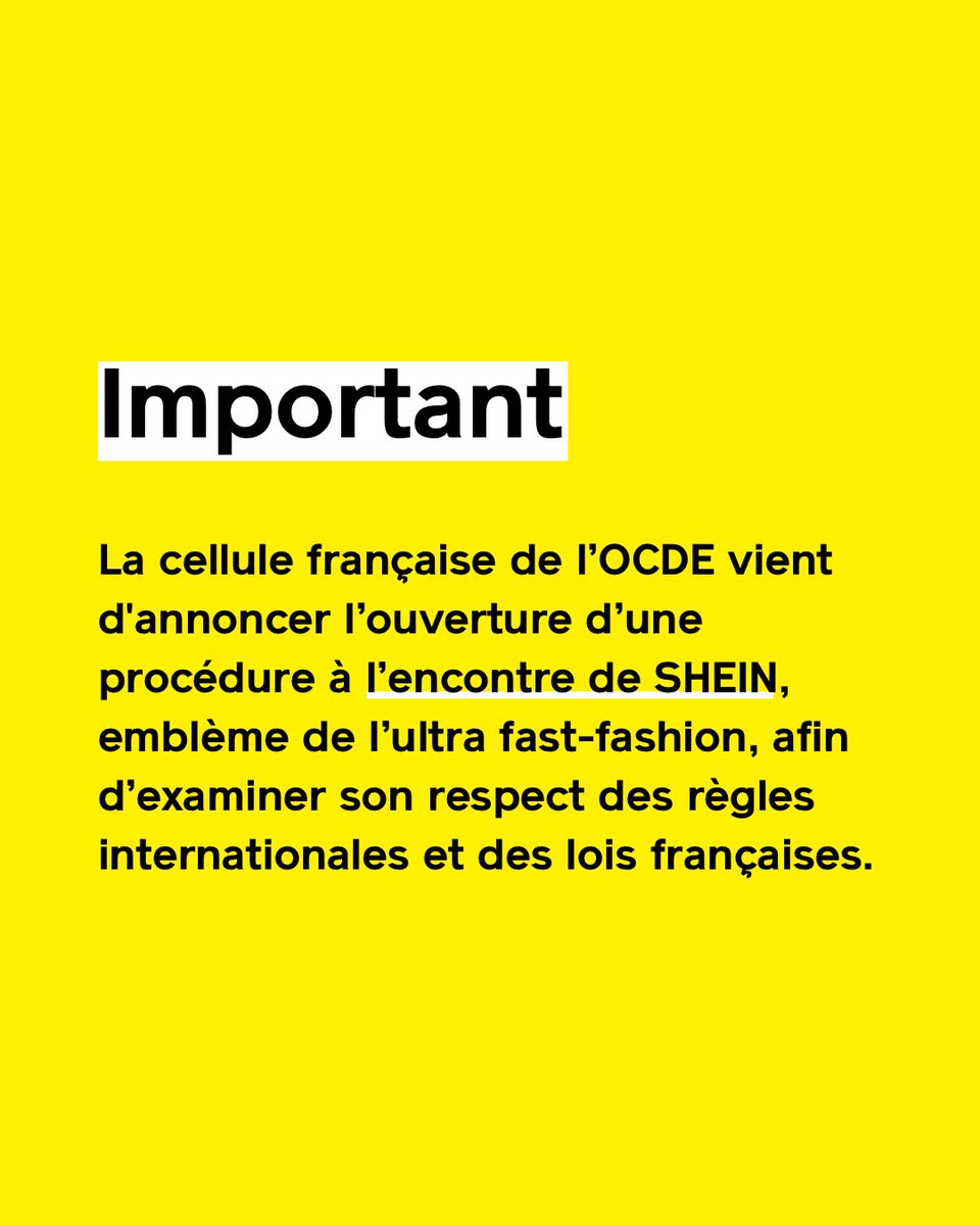 Important !

La cellule française de l’OCDE vient d'annoncer l’ouverture d’une procédure à l’encontre de SHEIN, emblème de l’ultra fast-fashion, afin d’examiner son respect des règles internationales et des lois françaises.

Cette procédure fait suite à une saisine des députés