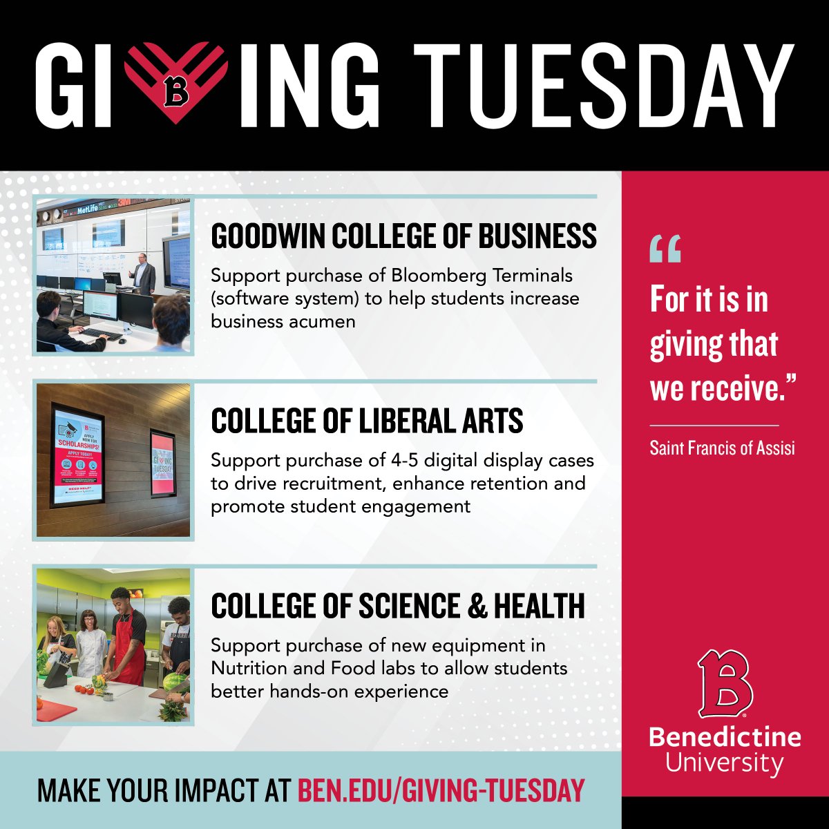 Did you know that your Giving Tuesday gift this November 28 may be designated to one of the college initiatives listed below? Three reasons to choose us this #GivingTuesday… and that’s just the beginning of what you can do to make an impact. Give now at ben.edu/giving-tuesday