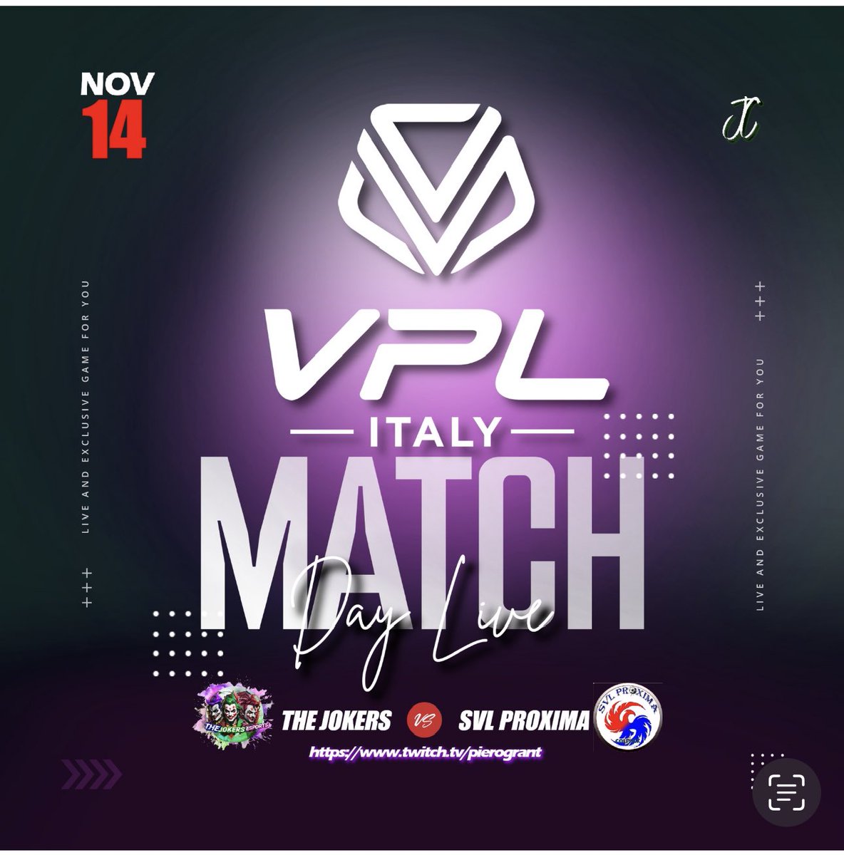 MATCH DAY!

🏆THE JOKERS vs SVL PROXIMA
<a href="/VPLItaly/">VPL Italy 🇮🇹</a> 

live su Twitch start 21,30
twitch.tv/pierogrant

@RT_NoLimits <a href="/pctransfermarkt/">🇮🇹 PRO CLUBS TRANSFERMARKT🔍</a> @RTprocluk
<a href="/RTproclub/">𝚁𝚃𝚙𝚛𝚘𝚌𝚕𝚞𝚋</a> <a href="/RTProClubs/">RTProClubs</a> <a href="/RTProClubs/">RTProClubs</a>
<a href="/RTProClubItalia/">RT PRO CLUB ITA</a> <a href="/rtproclubitaly/">Pro-Club Italy</a>