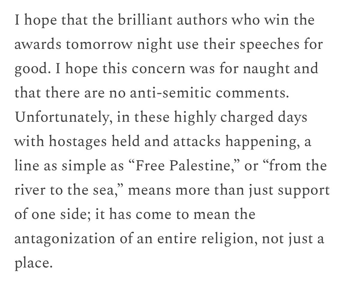 she’s pulling her sponsorship of the national book awards because she’s concerned the winners will engage in “hate speech.” an example she gives is saying “free palestine”