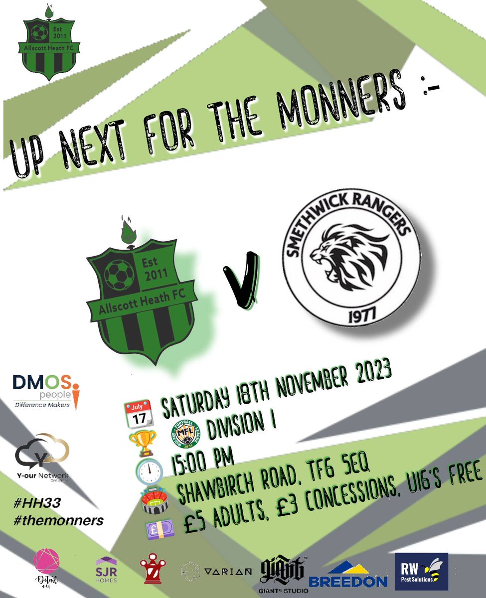 Allscott Heath FC (@allscottheathfc) on Twitter photo Up Next For The Monners
We are back at home this Saturday as we prepare to face <a href="/SmethwickRFC77/">Smethwick Rangers FC ⚽️</a>. The Monners will be looking to pick up three points at home.
#themonners
🟢⚫ Up Next For The Monners
We are back at home this Saturday as we prepare to face <a href="/SmethwickRFC77/">Smethwick Rangers FC ⚽️</a>. The Monners will be looking to pick up three points at home.
#themonners
🟢⚫