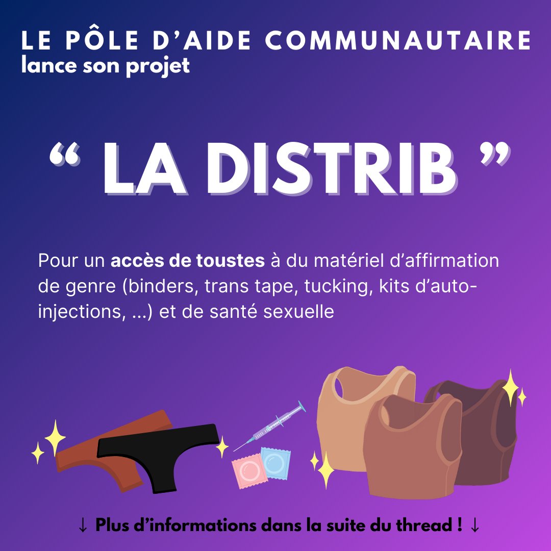 La Pride des banlieues lance son projet d'aide communautaire : la DISTRIB ! 
Qu'est-ce  que la DISTRIB ? C'est un évènement de distribution de matériel de  santé et d'affirmation de genre pour les personnes trans et  non-binaires. On vous explique. 🧵