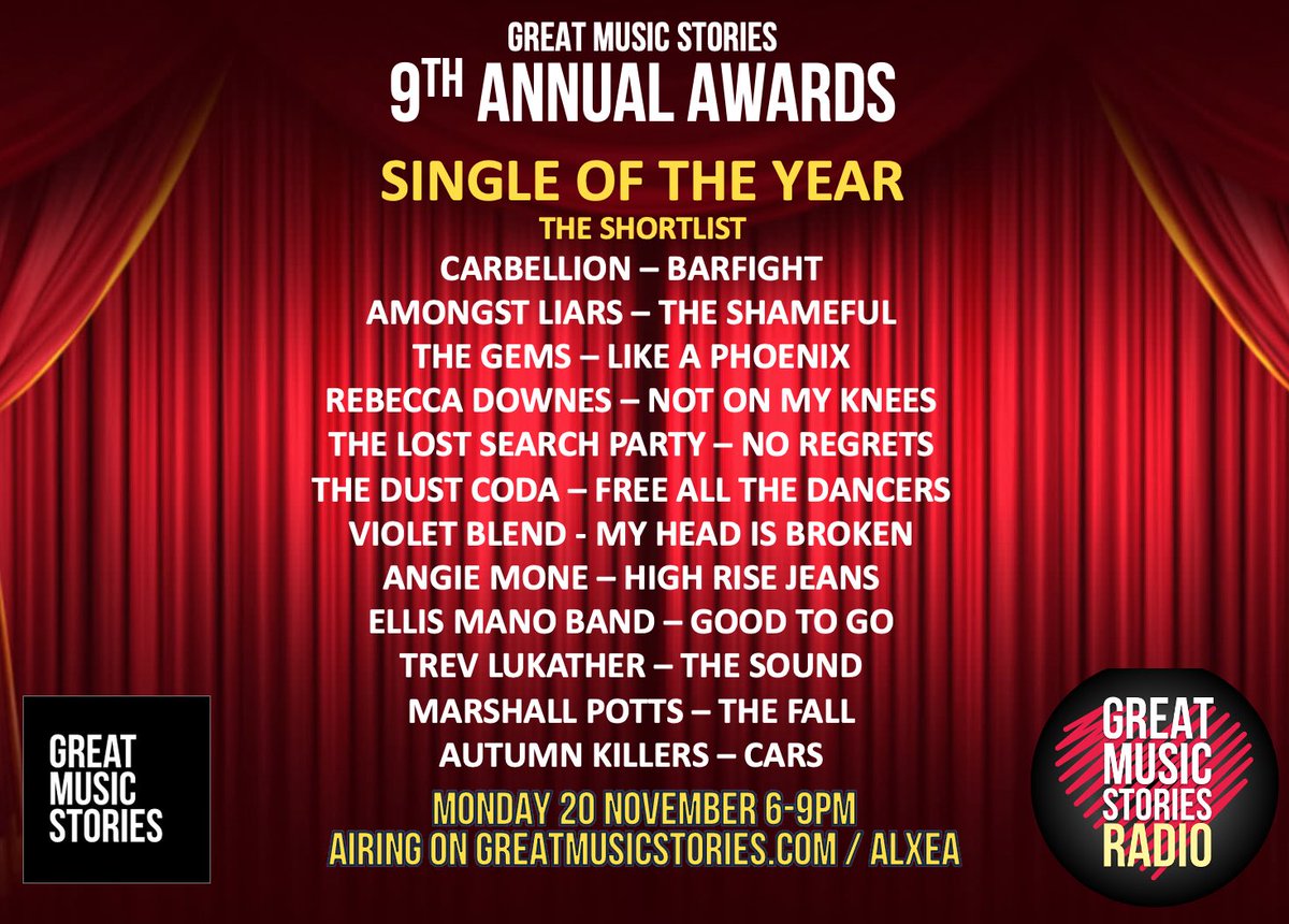 Guy B (@guyb_rockshow) on Twitter photo SINGLE OF THE YEAR:
The shortlist. Congrats <a href="/amongstliars/">Amongst Liars</a> <a href="/carbellion/">Carbellion</a> <a href="/GuernicaMancini/">Guernica Mancini</a> <a href="/RebeccaDownesUK/">Rebecca Downes</a> <a href="/The_LSP_Rock/">The Lost Search Party</a> <a href="/TheDustCoda/">The Dust Coda</a> <a href="/VioletBlend/">Violet Blend</a> <a href="/angiemonemusic/">Angie Mône</a> <a href="/ellis_mano_band/">Ellis Mano Band</a> <a href="/TrevLukather/">Trev Lukather</a> <a href="/MarshallPotts1/">Marshall Potts Music</a> <a href="/autumnkillers/">Autumn Killers</a> SINGLE OF THE YEAR:
The shortlist. Congrats <a href="/amongstliars/">Amongst Liars</a> <a href="/carbellion/">Carbellion</a> <a href="/GuernicaMancini/">Guernica Mancini</a> <a href="/RebeccaDownesUK/">Rebecca Downes</a> <a href="/The_LSP_Rock/">The Lost Search Party</a> <a href="/TheDustCoda/">The Dust Coda</a> <a href="/VioletBlend/">Violet Blend</a> <a href="/angiemonemusic/">Angie Mône</a> <a href="/ellis_mano_band/">Ellis Mano Band</a> <a href="/TrevLukather/">Trev Lukather</a> <a href="/MarshallPotts1/">Marshall Potts Music</a> <a href="/autumnkillers/">Autumn Killers</a>