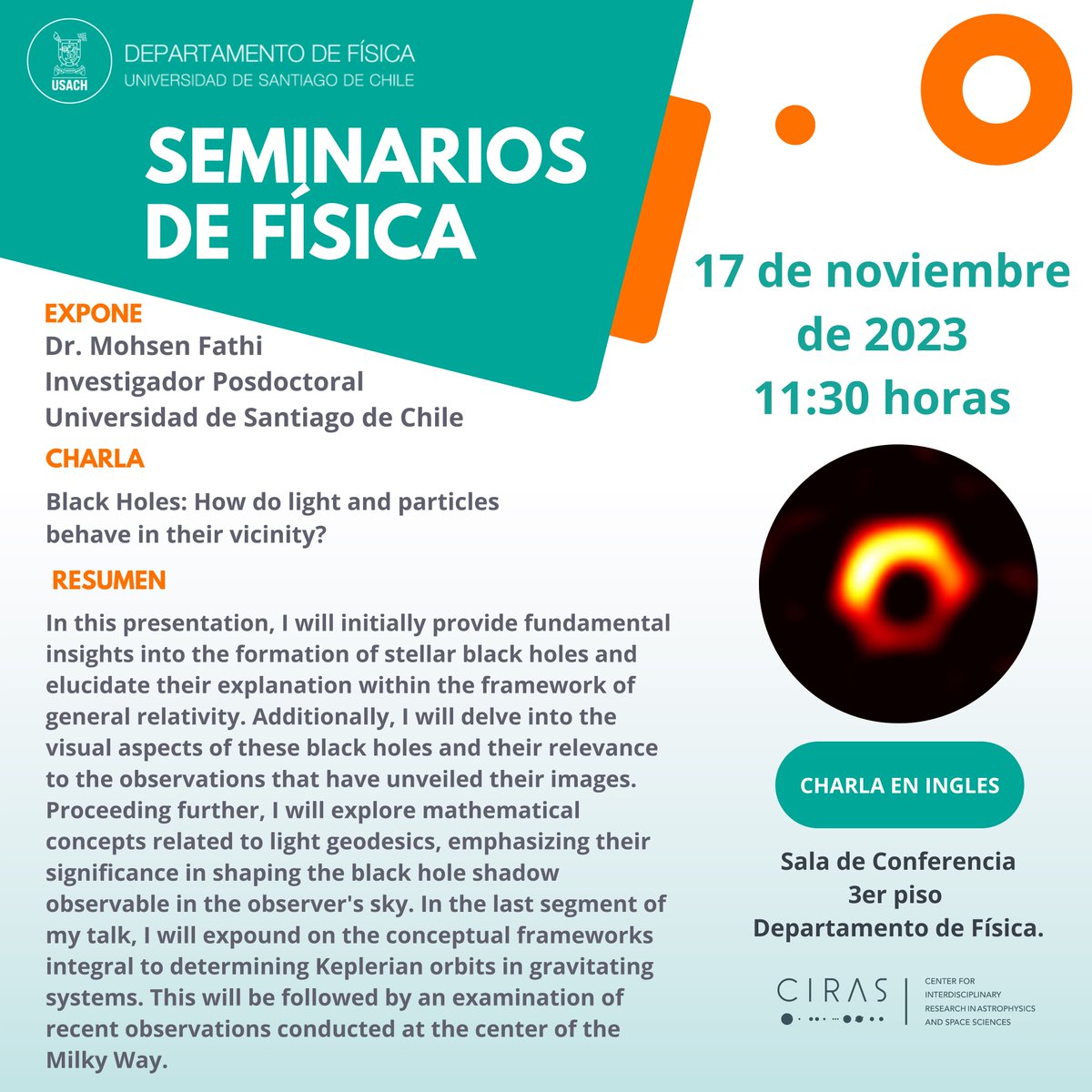 FisicaUsach's tweet image. ¡Atención! 

No se pierdan el seminario del Dr. Mohsen Fathi, investigador Postdoctoral de nuestra Universidad, este Viernes 17 de Noviembre a las 11:30 hrs en la sala de conferencias del 3er piso del departamento de Física.

¡Te esperamos! 🚀📚 

#SeminarioCientífico #Física