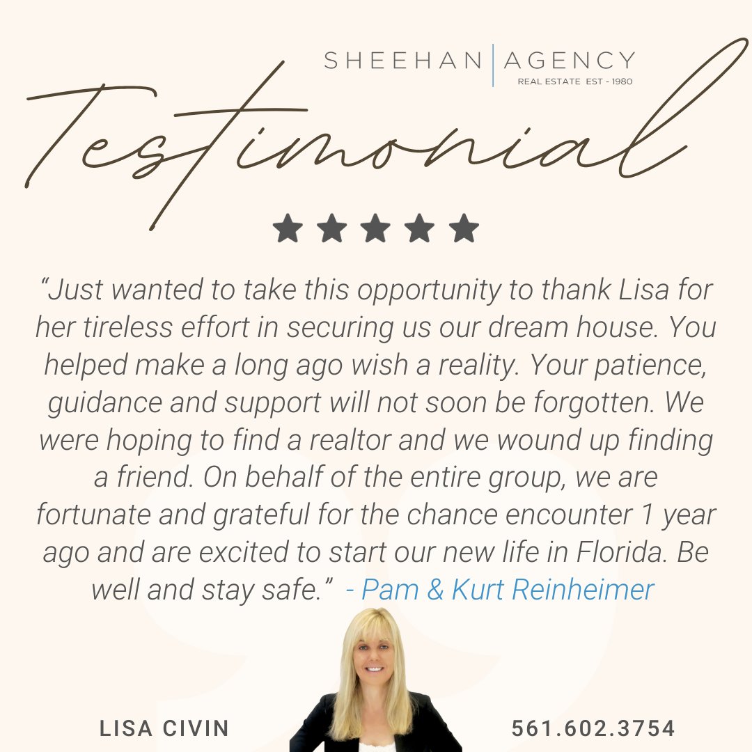 #TestimonialTuesday 🎉
It’s always amazing to receive positive feedback from our clients! 🙌

Lisa Civin
561.602.3754

Michael Civin
561.313.7304

#ClientFeedback
#testimonial
#InvestmentProperties
#sellersagent
#buyersagent
#TheSheehanAgency
#SheehanRealty