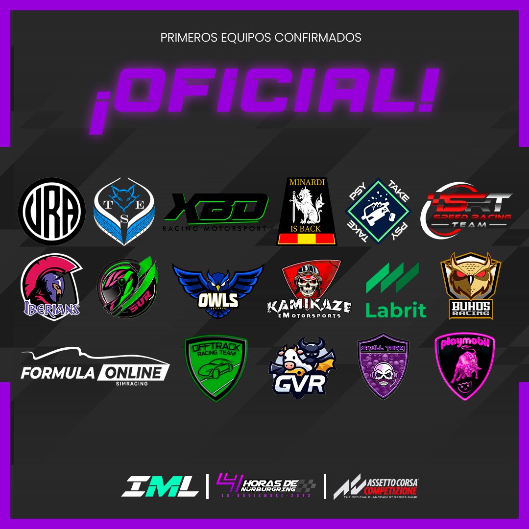 ¡Os presentamos a los primeros equipos confirmados! 
Es un placer poder contar con nombres de tal calibre entre nuestras filas. ¡La acción en pista esta más que garantizada! 
🗓18/11:
• Retransmisión en directo🎥
• Comisariado en vivo👮🏽‍♂️
• VSC🟡
💥¡Últimas plazas disponibles!💥