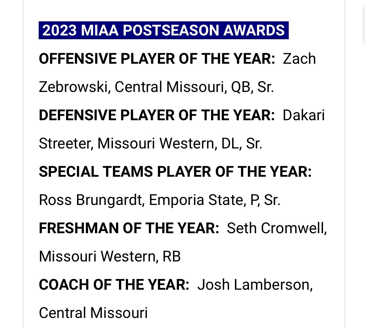 Tommy Rezac (@tommymwsu) on Twitter photo BREAKING: <a href="/MWSU_Football/">Missouri Western Football</a> running back <a href="/SethCromwell/">Seth Cromwell</a> wins MIAA Freshman of the Year. <a href="/dstreet46/">Dakari Streeter</a> is Defensive POY after 12.5 sacks this year. BREAKING: <a href="/MWSU_Football/">Missouri Western Football</a> running back <a href="/SethCromwell/">Seth Cromwell</a> wins MIAA Freshman of the Year. <a href="/dstreet46/">Dakari Streeter</a> is Defensive POY after 12.5 sacks this year.