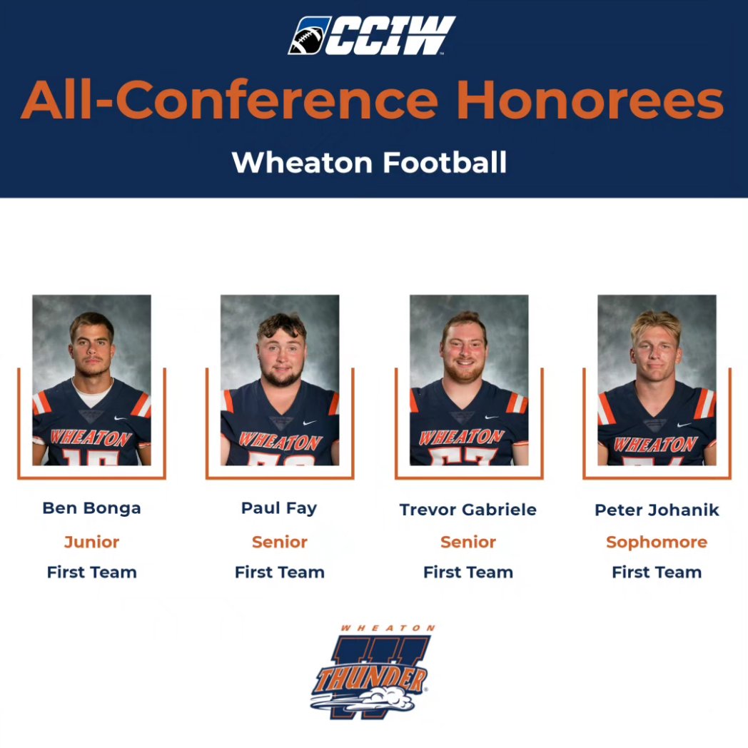 Wheaton_Thunder's tweet photo. The 2023 CCIW All-Conference Football Teams have been announced upon the conclusion of the regular season, and 12 @WheatonFB student-athletes have earned recognition. 🏈🏅

Congratulations to the seven First Team and five Second Team honorees! 👏 
#LetsRoll https://t.co/dqVVbDq170