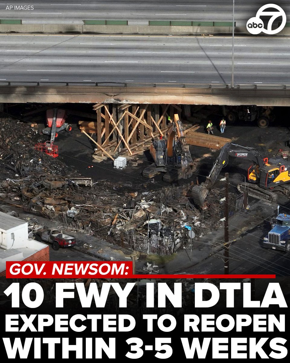 ABC7's tweet photo. #BREAKING: Gov. Gavin Newsom said that the damaged portion of the 10 Freeway in downtown Los Angeles will not need to be demolished, and at least some lanes are expected to be reopened within a matter of weeks. https://t.co/VxXdu1yDAl https://t.co/kHbAW0qSg4