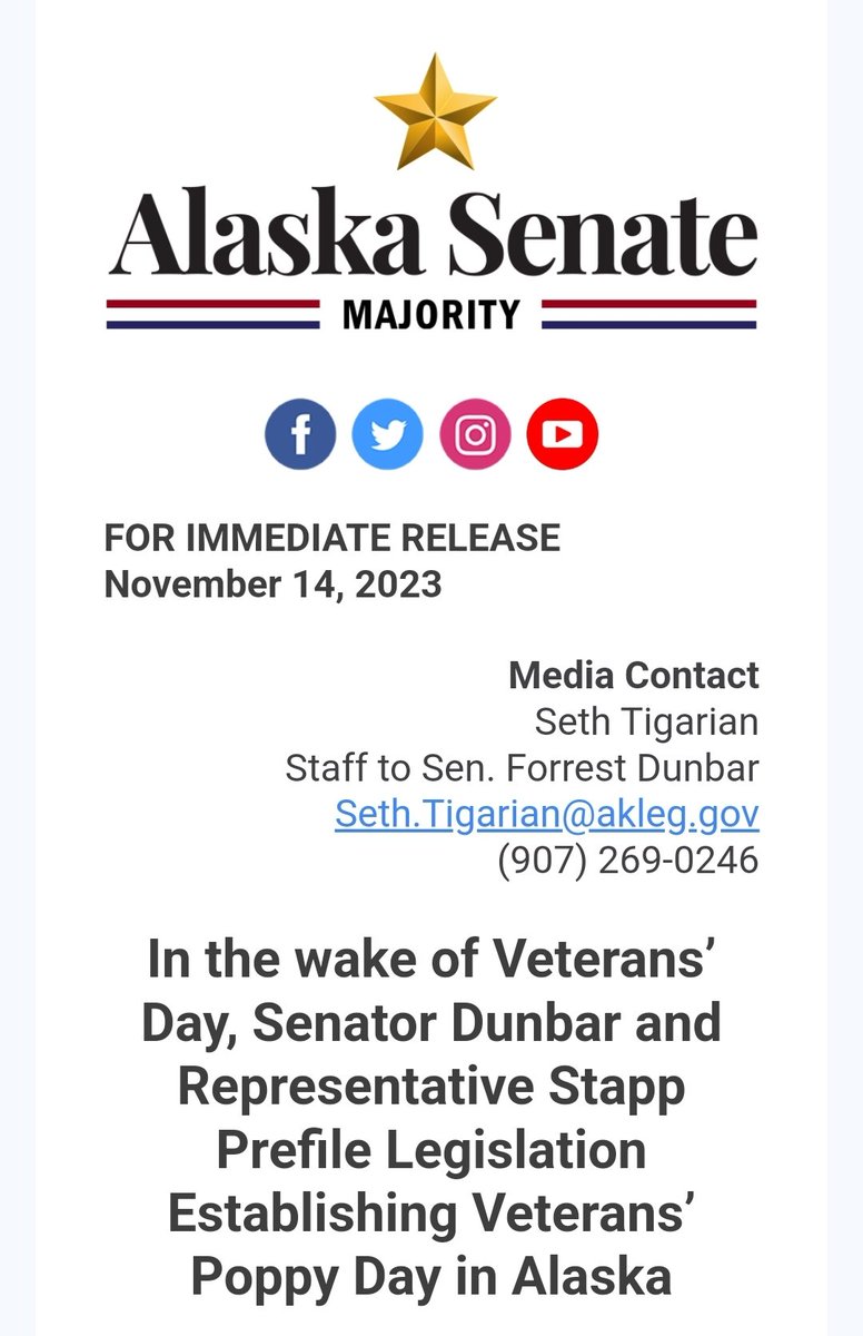 Proud to work on this bipartisan initiative alongside Rep. Stapp and the @AmericanLegion. More to come. #akleg #VeteransDay #PoppyDay